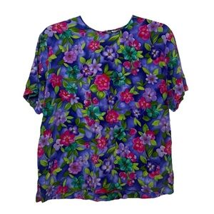 Vtg 90s Silk Floral Shirt Top Size 8 Petite = Medium Purple Pink Liz Claiborne